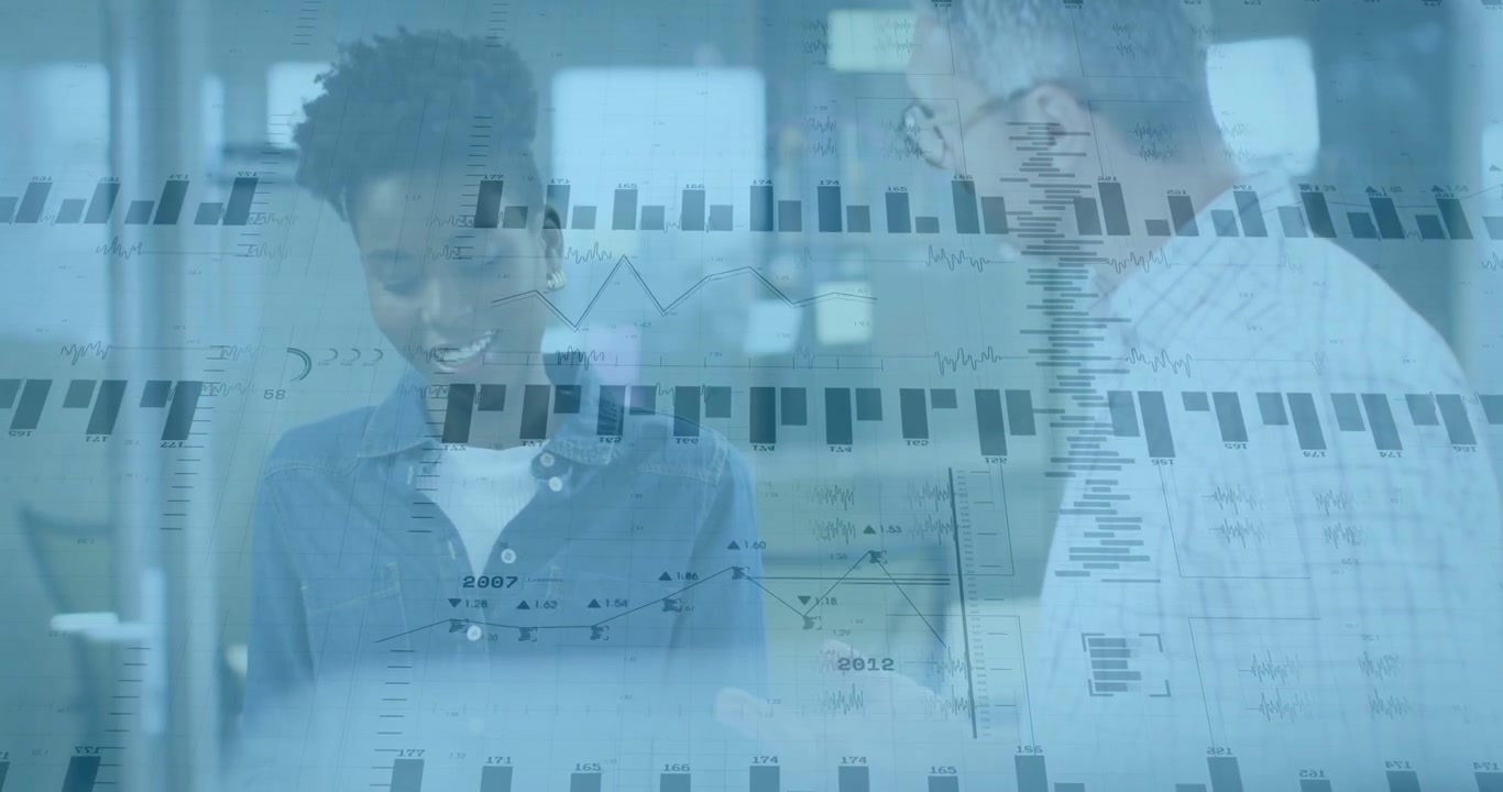 woman glancing bars on transparent panel and man pointing bar updating charts for business review