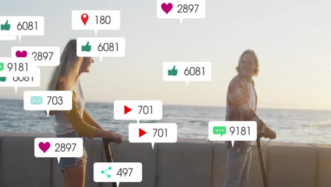 Walking-near-ocean,-people-with-social-media-engagement-animation-overlay