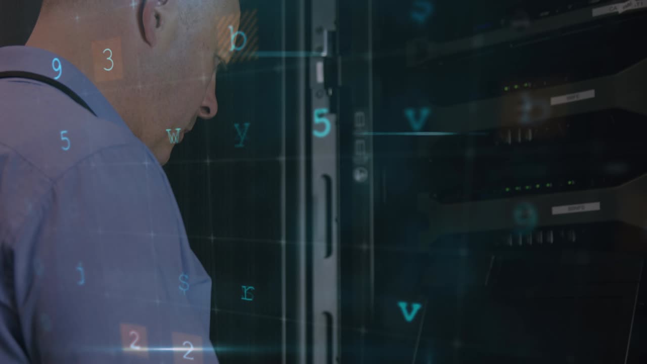 Animation of cyber attack warning over caucasian man in server room