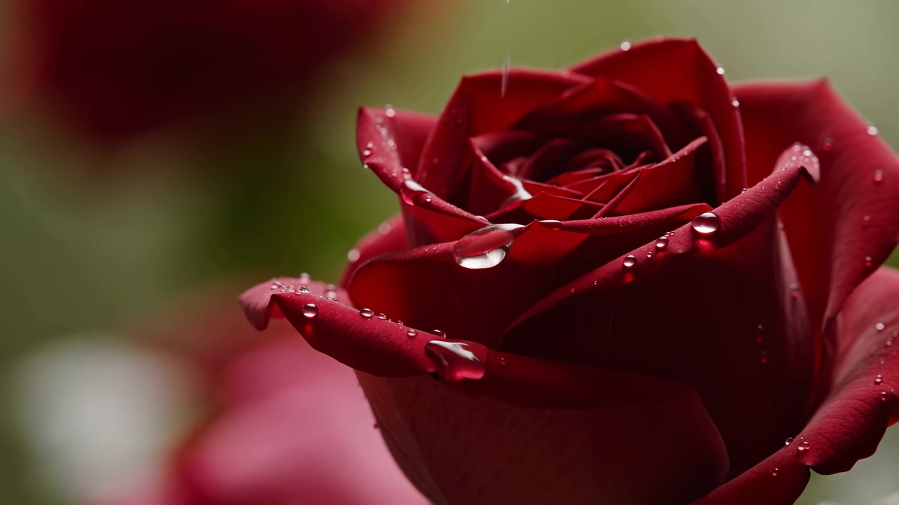 Macro cercano muestra una rosa carmesí intenso recibiendo un fino chorro de agua sobre los pétalos interiores, creando gotas frescas, rastros húmedos y brillantes, suaves reflejos y ricos detalles botánicos contra un fondo borroso.