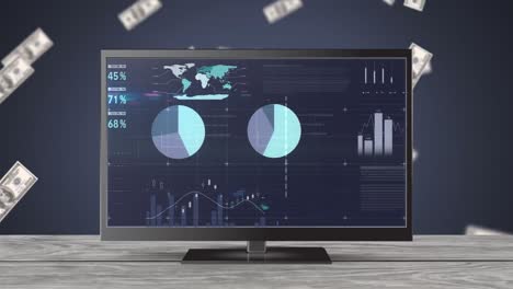 animación del procesamiento de datos financieros en pantalla sobre billetes de dólar sobre fondo negro