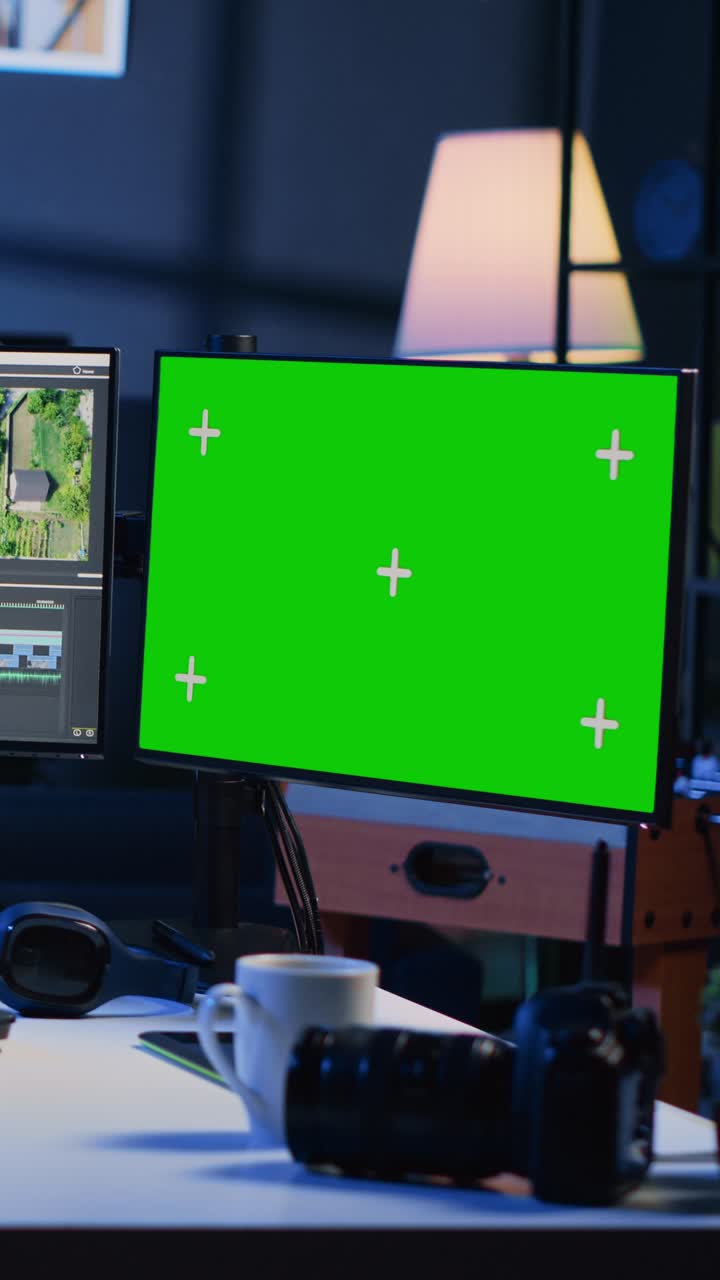 Videoredigeringsværktøj til vertikale videoer analyserer filmklip på en grøn skærm før redigering af farvekorrektion
