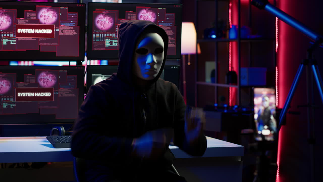 Scammer with anonymous mask using cellphone to record blackmail footage, threatening victims