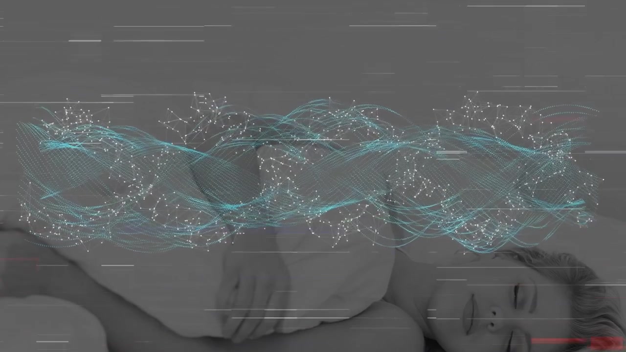 ベッドで眠る白人女性の上で、ドットと波がDNA分子を形成するアニメーション