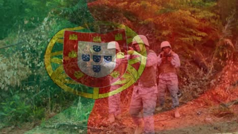 animation of flag of portugal over diverse male soldiers