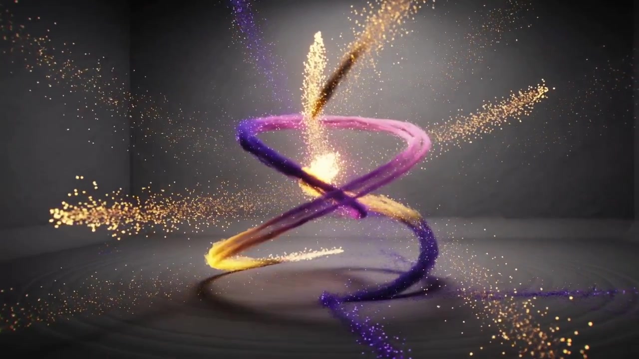 Crossing center in studio, purple gold lit ribbons sparking, unwinding into helix and forming ring