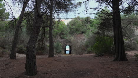 As-train-passes-above,-man-rides-his-bike-across-trail-that-winds-past-the-tunnel-below