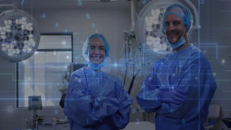 in operating room, medical professionals in scrubs analyzing digital data animation