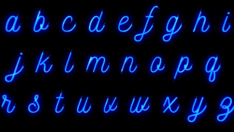 apagar, bucle sin costuras listo, fuente de neón letras del alfabeto azul palabra serie de texto símbolo signo en fondo negro, letras de neón decoración del alfabeto