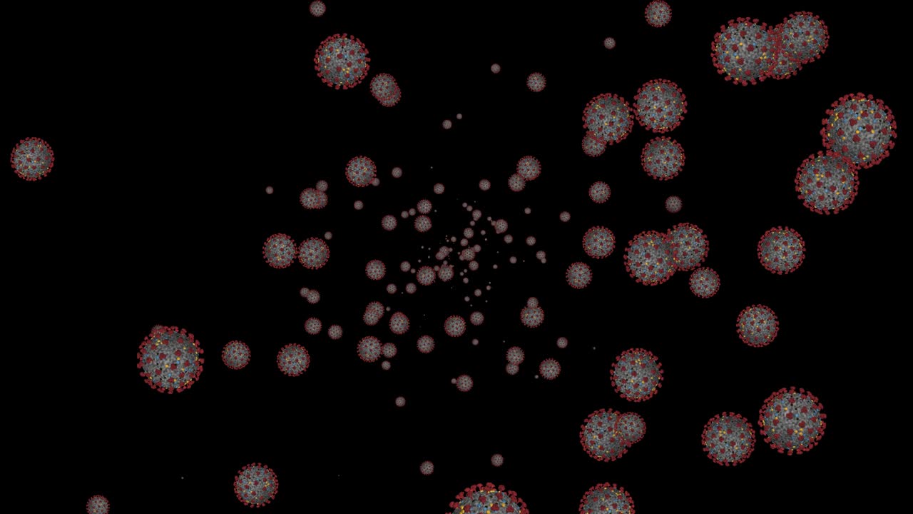Coronavirus cells COVID-19 Infectious disease on black background. Fast transmission of disease. High concentration of coronavirus. 3D rendering loop 4k with alpha chanel