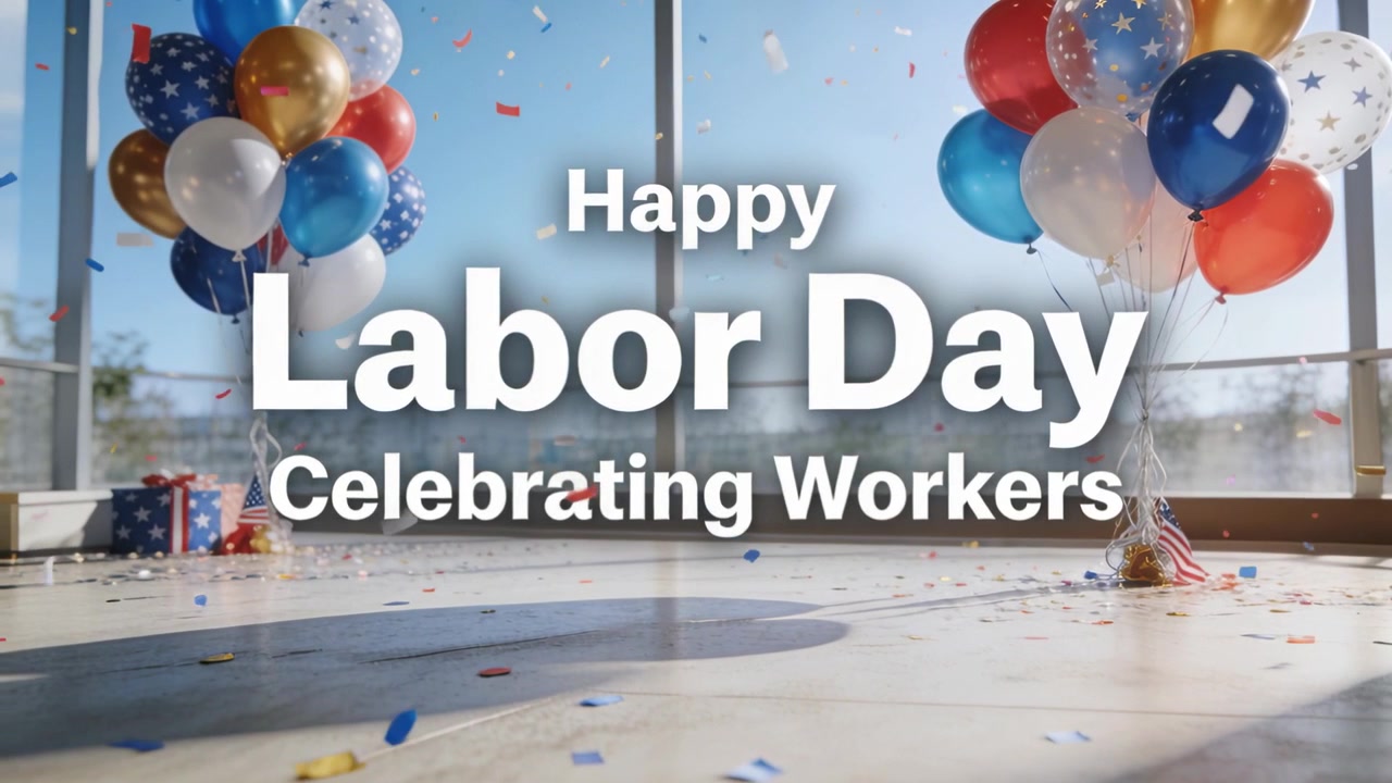 Pushing camera revealing centered Happy Labor Day Celebrating Workers in lobby, confetti drifting