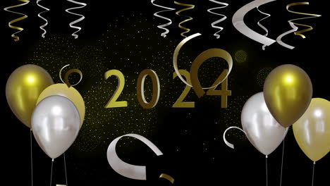 animación de globos de oro y plata con 2024 y banderas de fiesta en fondo negro