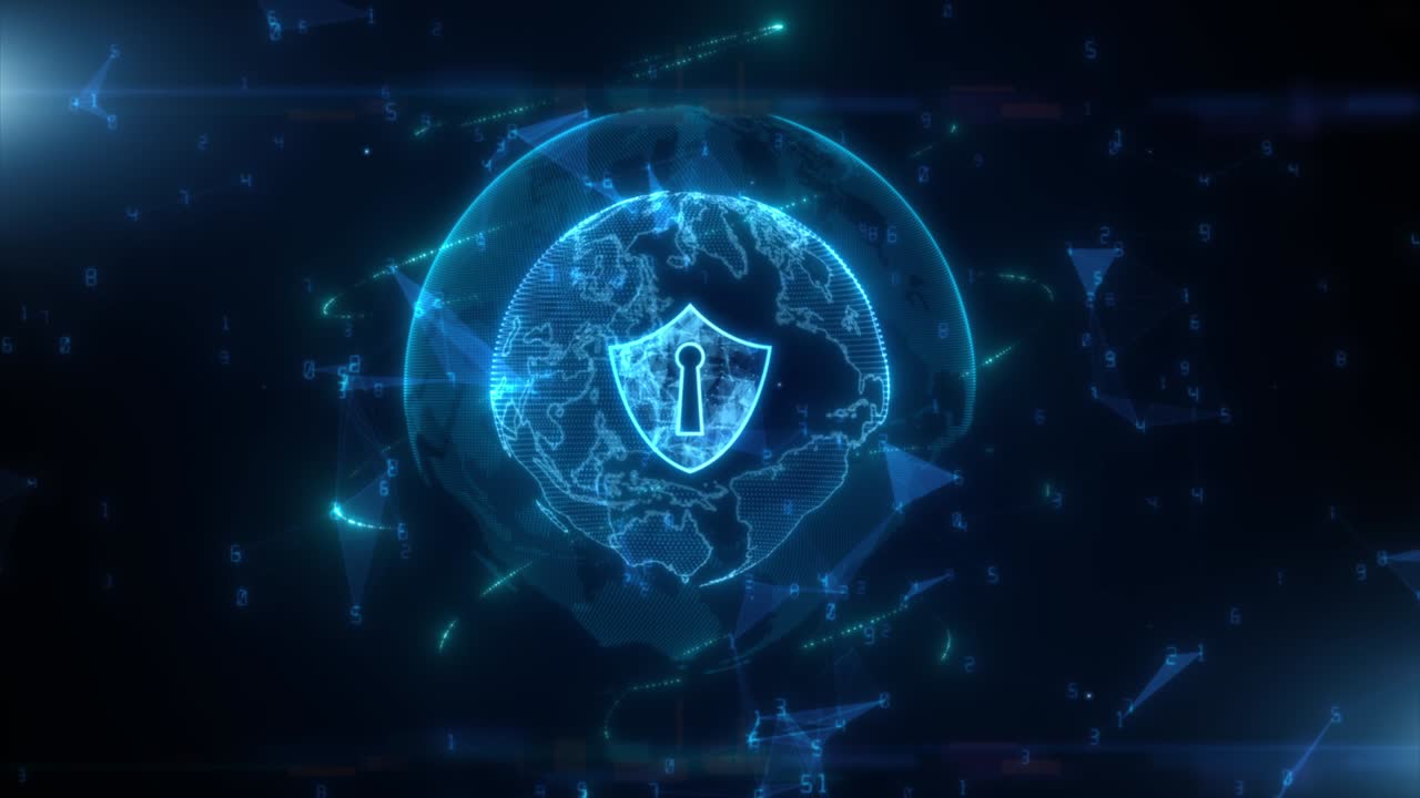 icono de escudo en red global segura, seguridad cibernética y protección de la red de información, red de tecnología futura para negocios y concepto de marketing en internet.