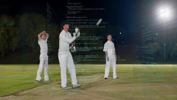 Giocatori che si tuffano, si riorganizzano dopo il lancio nel cricket, festeggiano una parata sotto le luci con sovrapposizione di codice