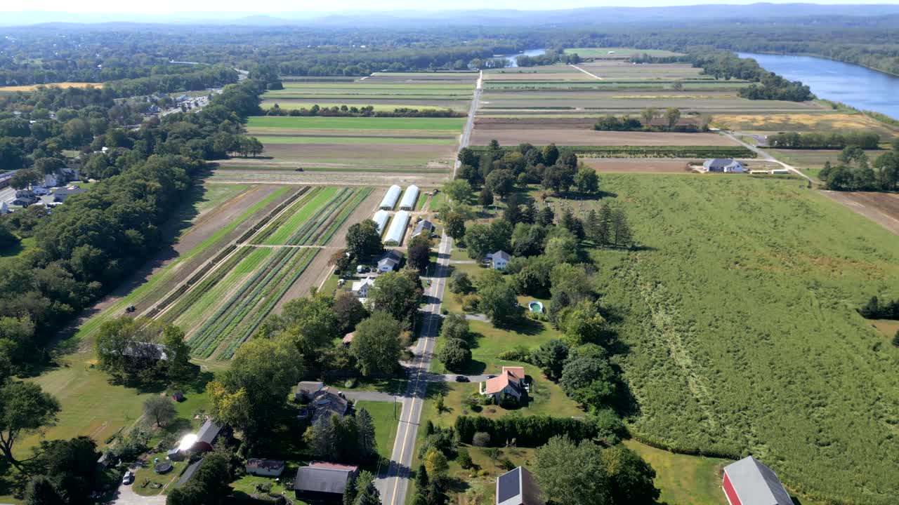 Aerial view over Connecticut River, Hadley, fields, peaceful, summer