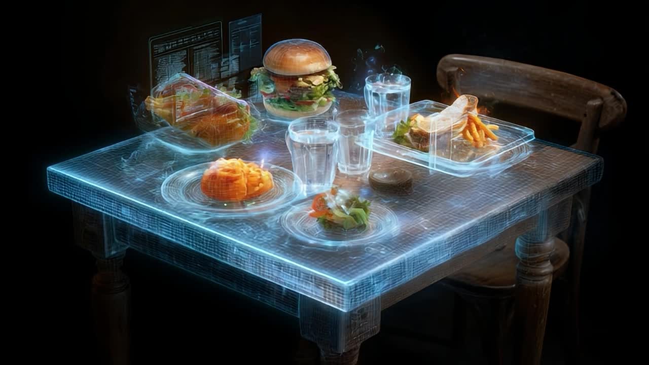Mesa de comedor futurista con comida y bebidas holográficas mostradas