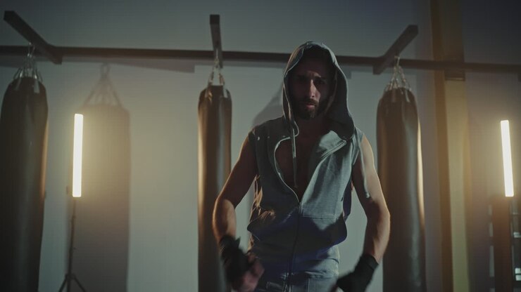 Uomo che fa boxe in palestra