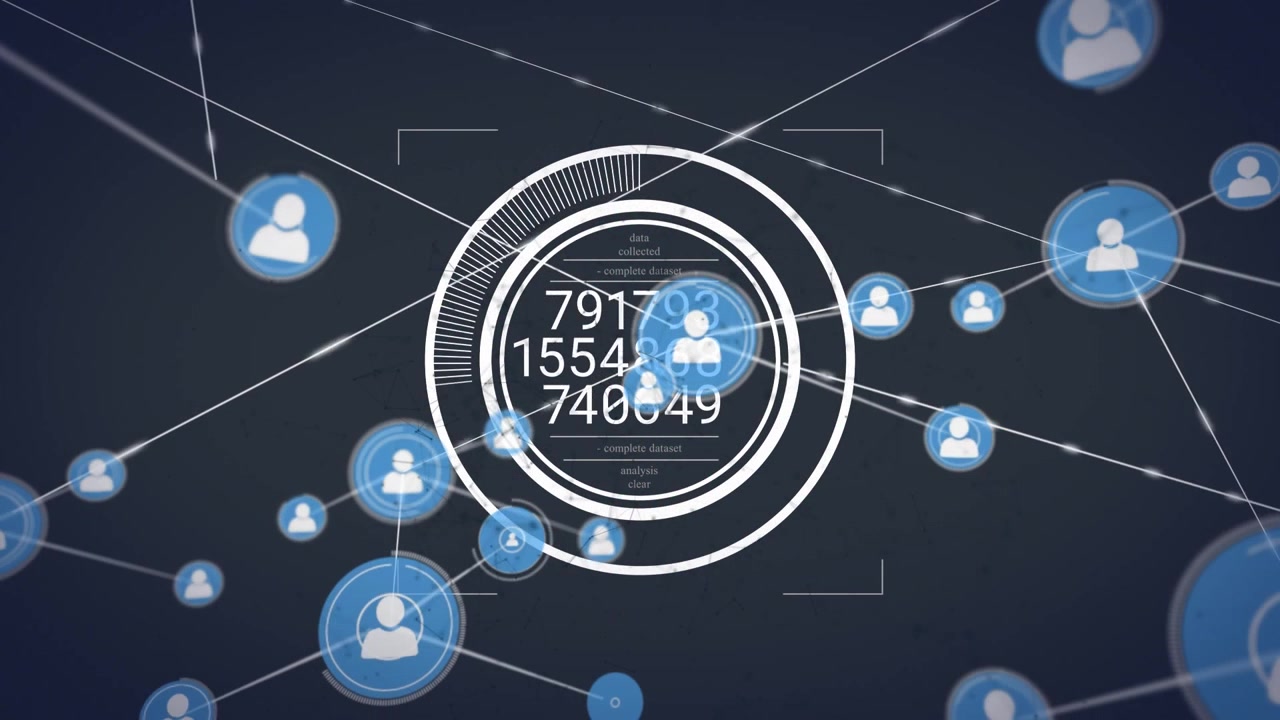 Animation of connected icons, changing numbers in loading circle against connected dots with lines