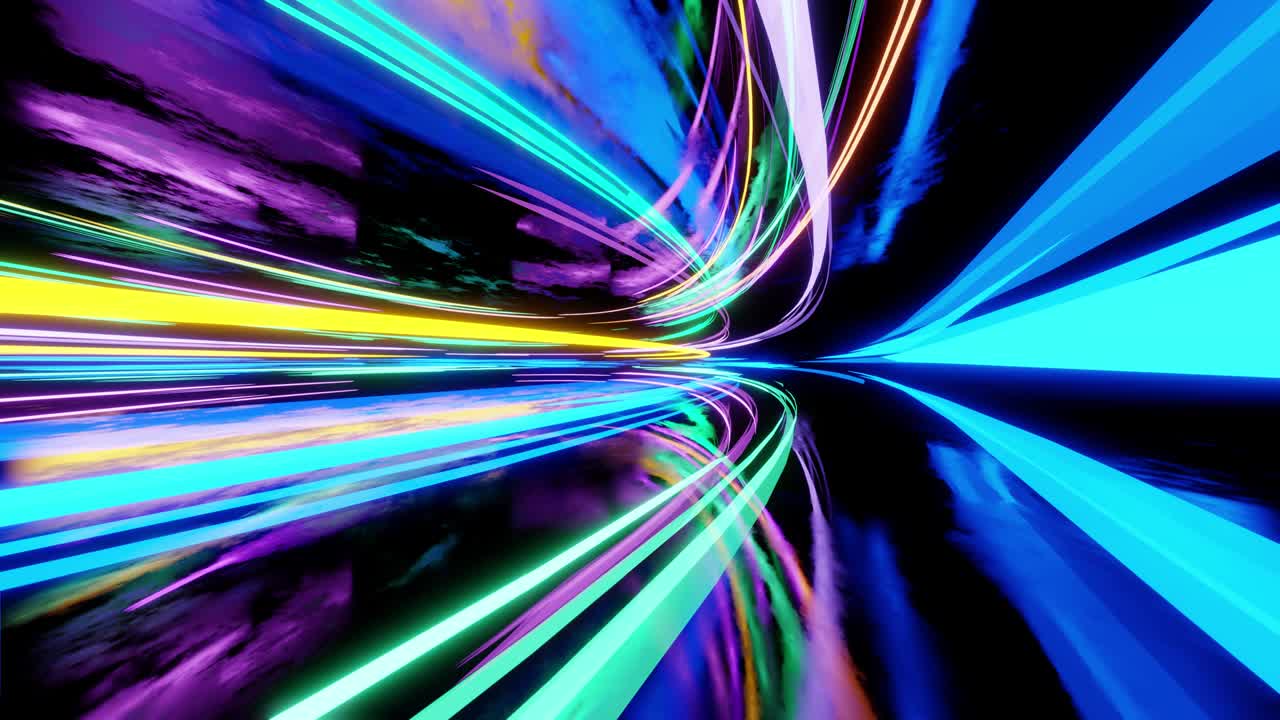 Light stripes moving fast over dark background and are reflected in the floor