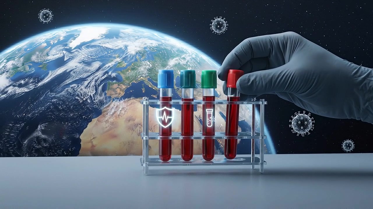 Provette di sangue in un portaprovette con molecole di virus fluttuanti e un globo terrestre