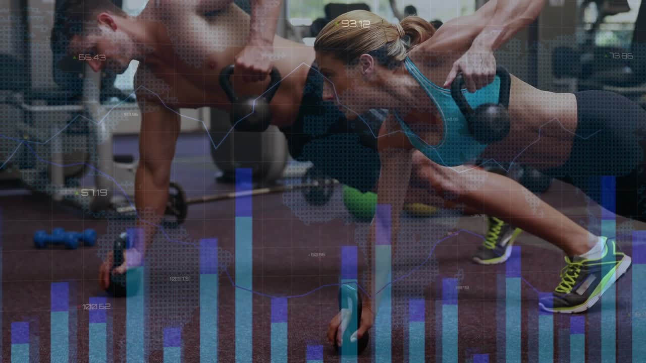 Pair starting high plank, alternating kettlebell rows for core, while blue charts fading over gym