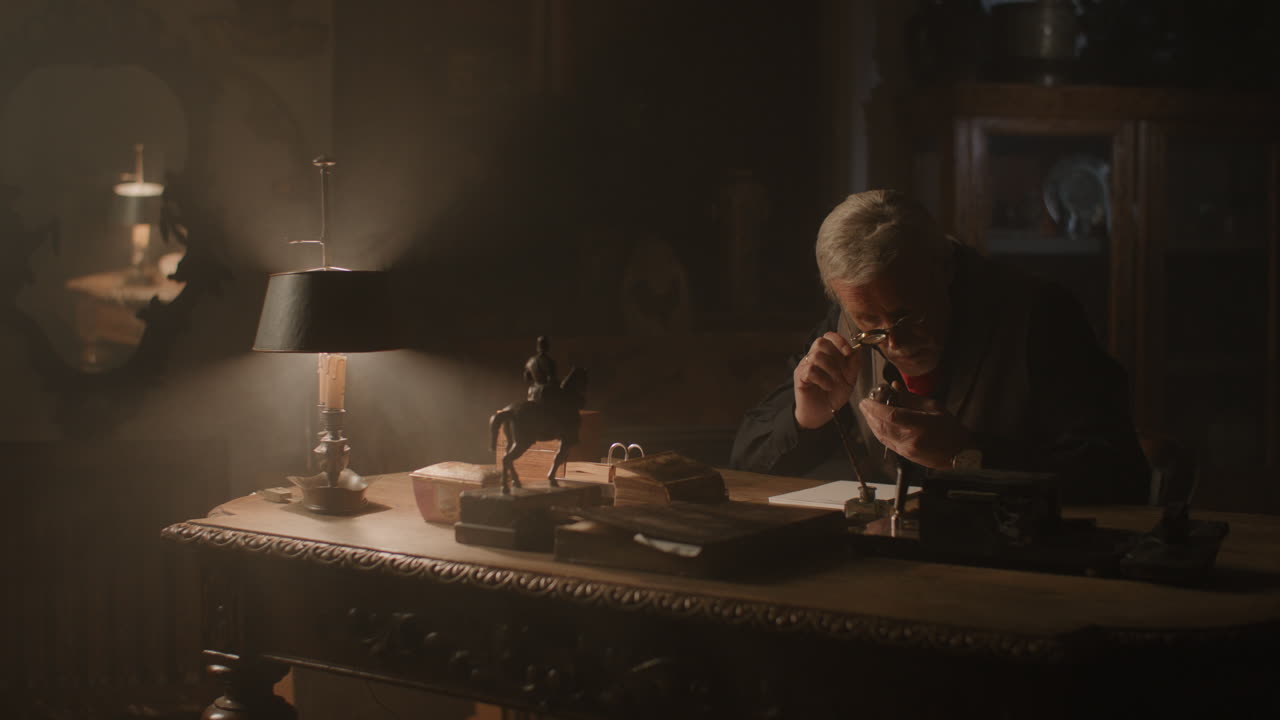 Older passionate man evaluates an old silver skull watch in his office at night