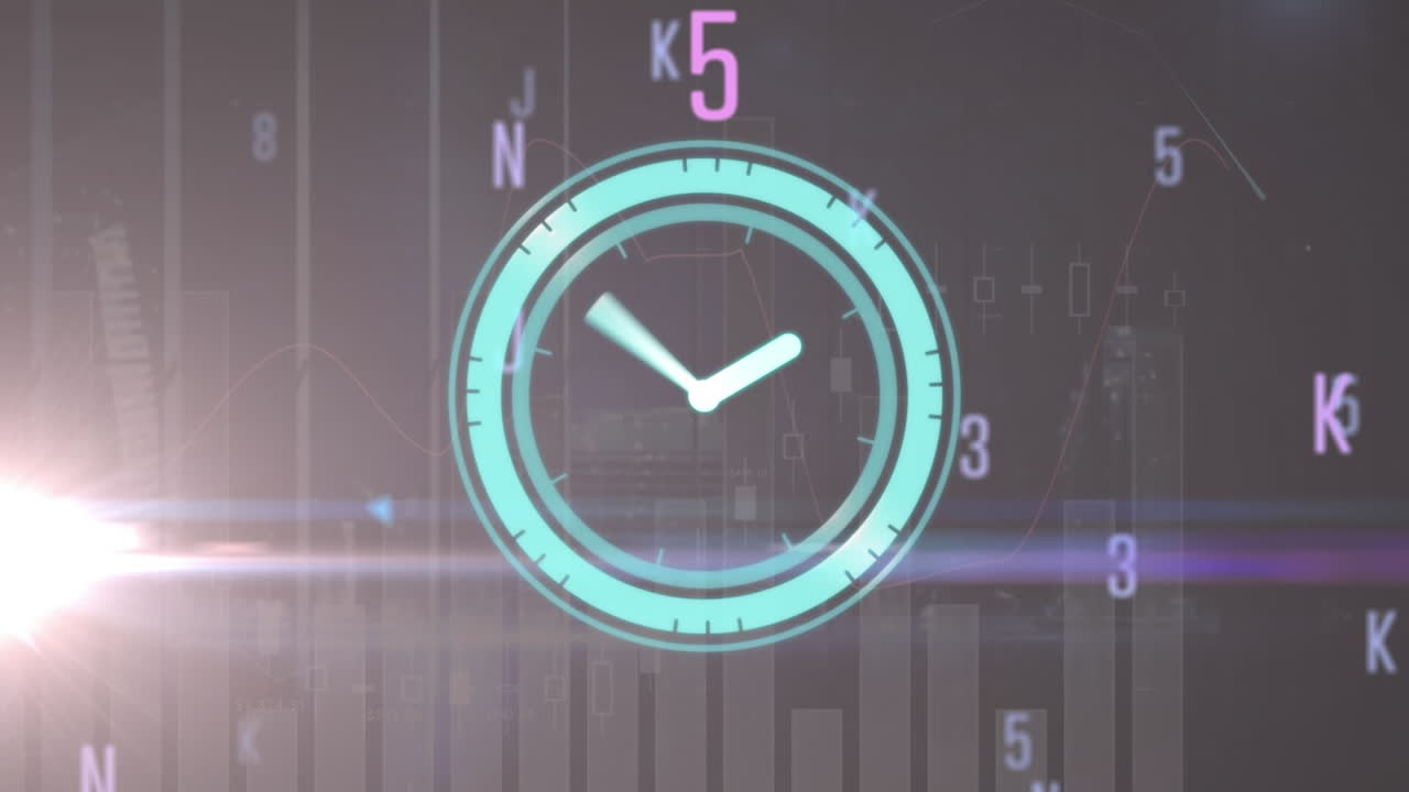Animation of neon ticking clock and light spot over statistical data processing