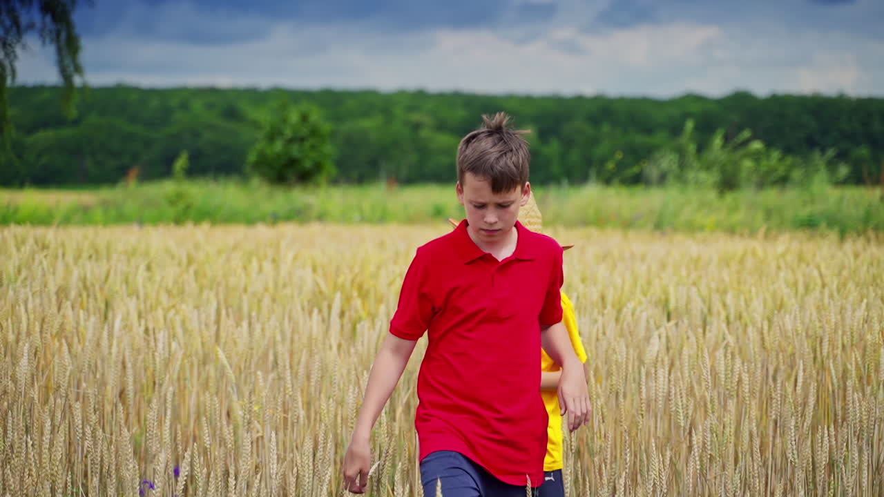 Boys among nature. Little brother gives straw hat to his elder brother on the field. Children in the agricultural land. Slow motion.