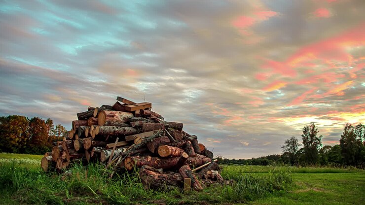 Moving clouds timelapse, moody sky, yellow sunset, big pile of tree trunks in grassland, time lapse establishment shot, rural area, countryside farmland