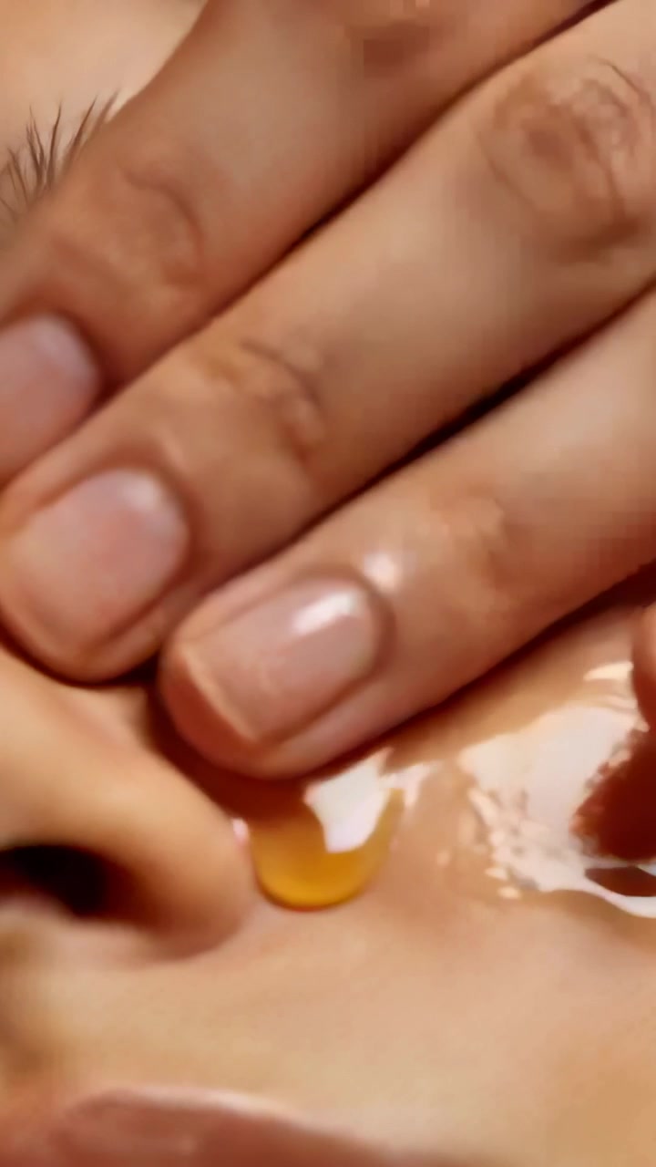 Vertical video: Forming drop from dropper, hand smoothing amber serum on cheek at spa for glow