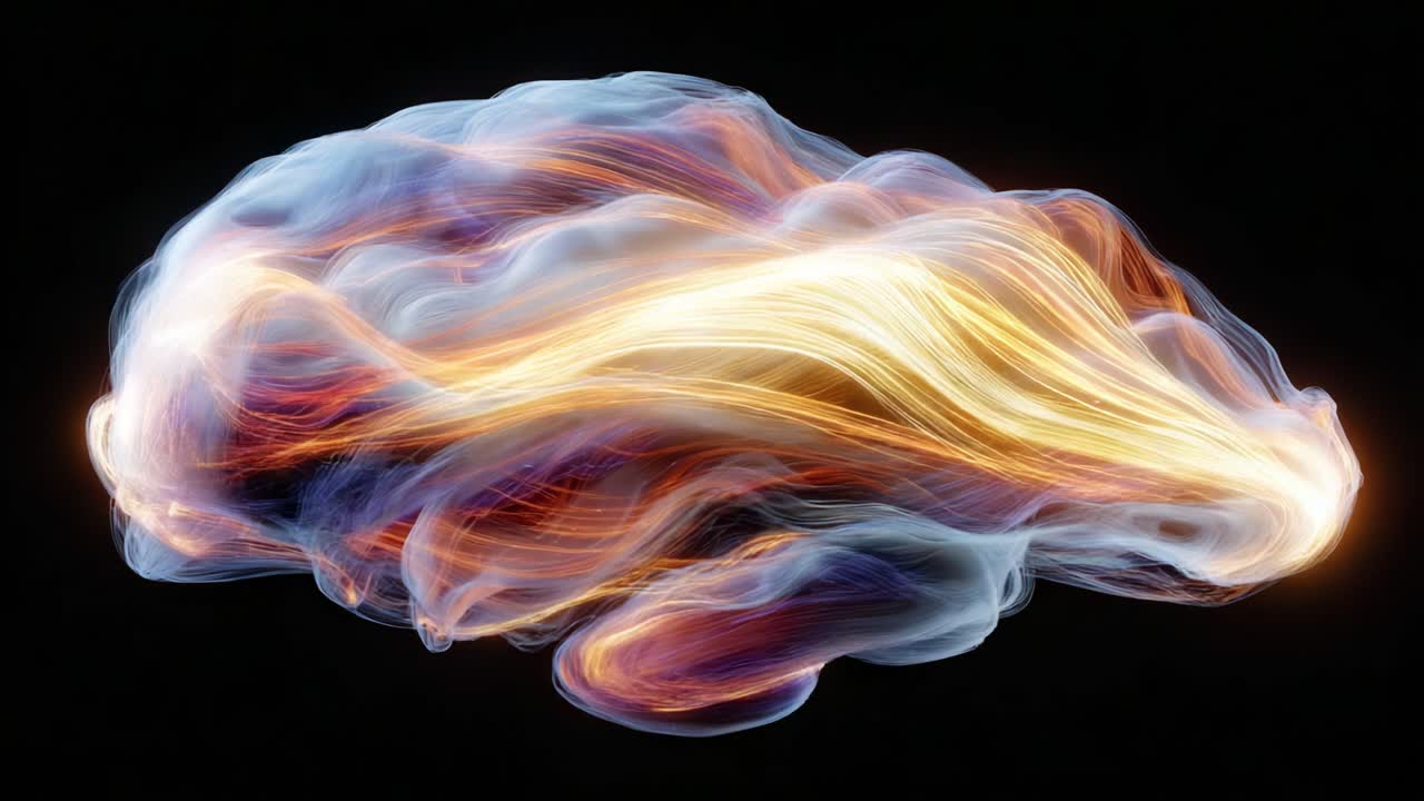 A Stunning Visualization of a Brain with Dynamic Etherial Waves and Flowing Light, Representing Thoughts, Emotions, and Neural Connections in a Captivating Artistic Rendering