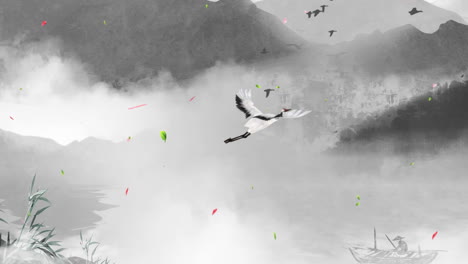 digital art ancient painting traditional plum blossom ink chinese style landscape artistic conception cloud mist crane background