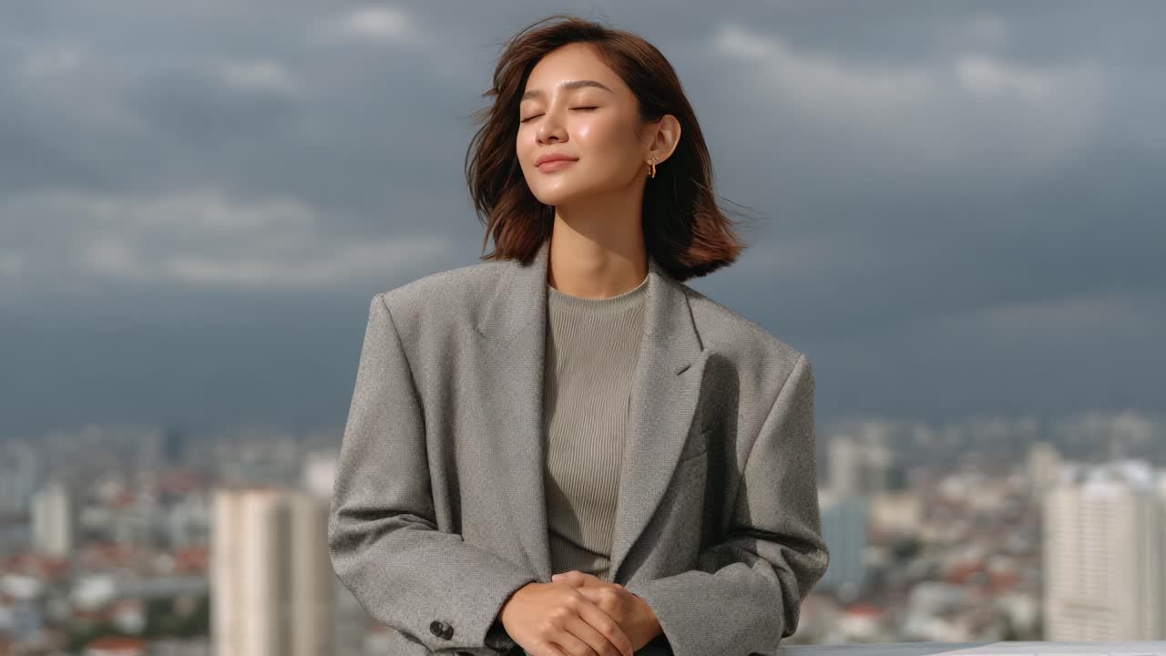 Stylish Young Woman in Grey Blazer Enjoys a Moment of Calm with Eyes Closed Against a Backdrop of Urban Landscape and Dramatic Sky