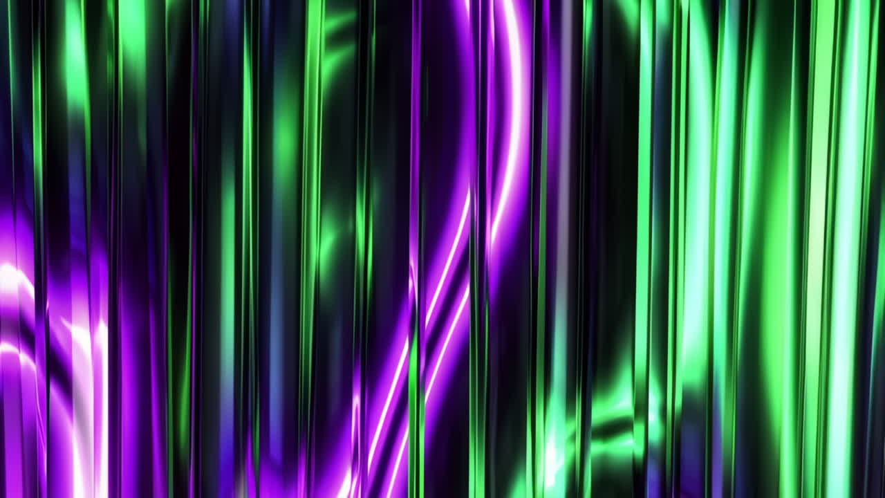Abstract Green and Purple Neon Reflections on Wavy Metallic Surface