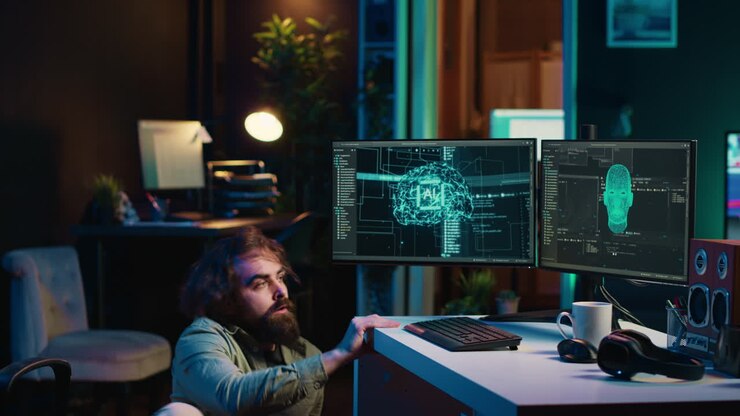 Shocked man falls from chair in disbelief after awakening AI using VR technology