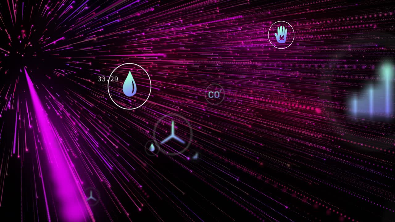 Neon pink and purple streaks streaming across dark field, showing flat design eco icons floating