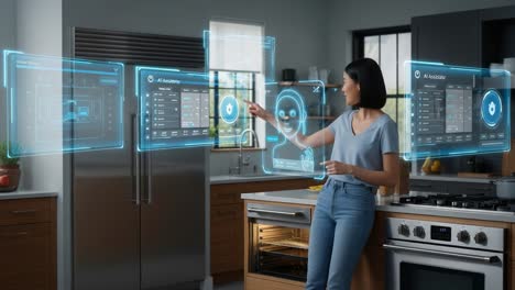 a modern kitchen assistant: a woman interacts with holographic interfaces in a contemporary kitchen setting, showcasing smart technology and interactive features