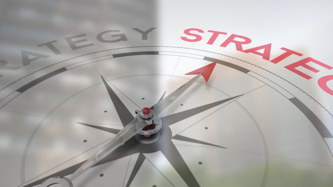 Compass needle pointing to Strategy with animation over cityscape background