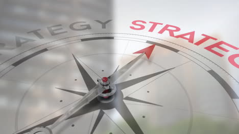 compass needle pointing to strategy with animation over cityscape background