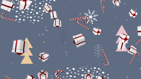 animación de regalos que caen y bastones de caramelo sobre el paisaje navideño