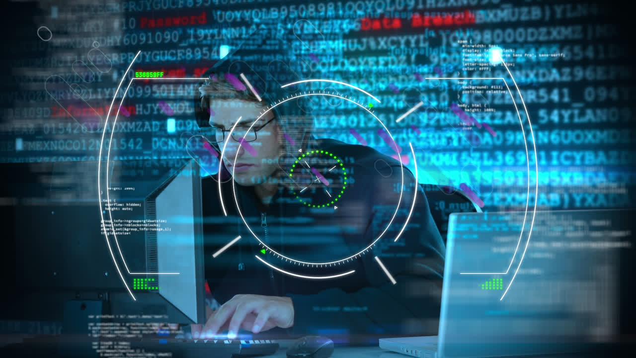 Animation of viewfinder, data and purple shapes over caucasian male hacker