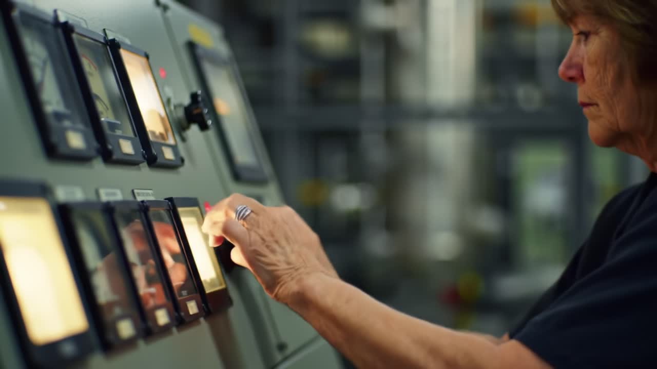 Woman Operates Control Panel with Precision in a Modern Industrial Setting, Adjusting Settings and Monitoring Equipment to Ensure Optimal Functionality and Safety