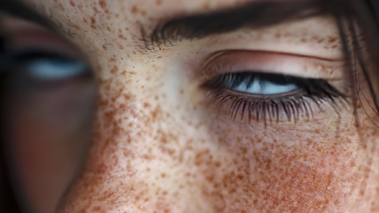 Intense Close-Up of a Freckled Individual's Mesmerizing Blue Eye Capturing Emotions and Expressions in Stunning Detail
