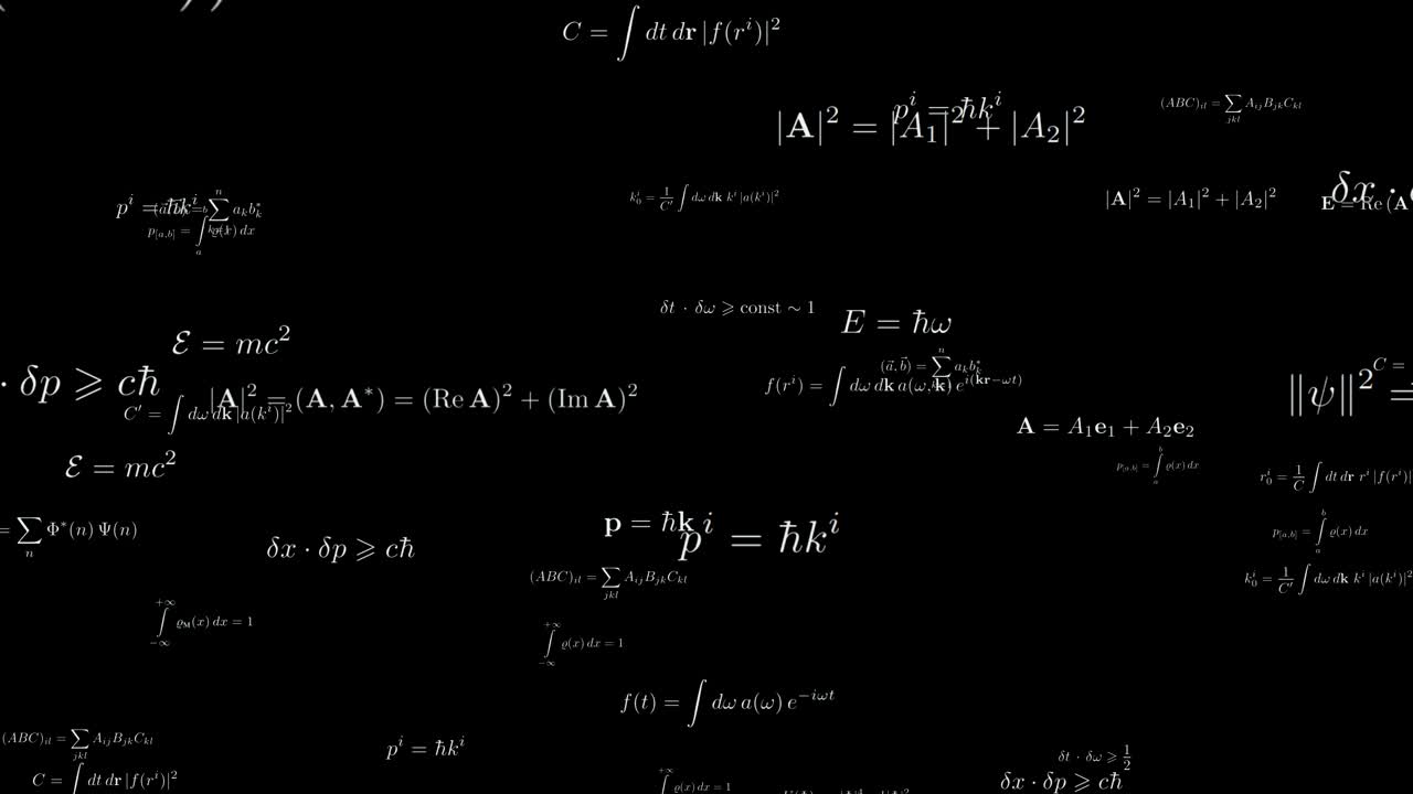 Sophisticated mathematical formula seamless footage. Algebra calculations on blackboard. Physics and geometry theories. Scientific research and discovery. Maths equations floating looped animation