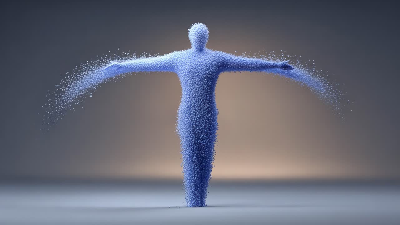 A mesmerizing representation of an ethereal humanoid figure composed of countless particles, with animated arms outstretched as if embracing the universe, radiating a calming blue hue