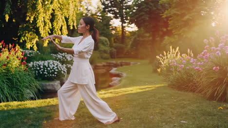 Woman practicing Tai Chi in a beautiful garden