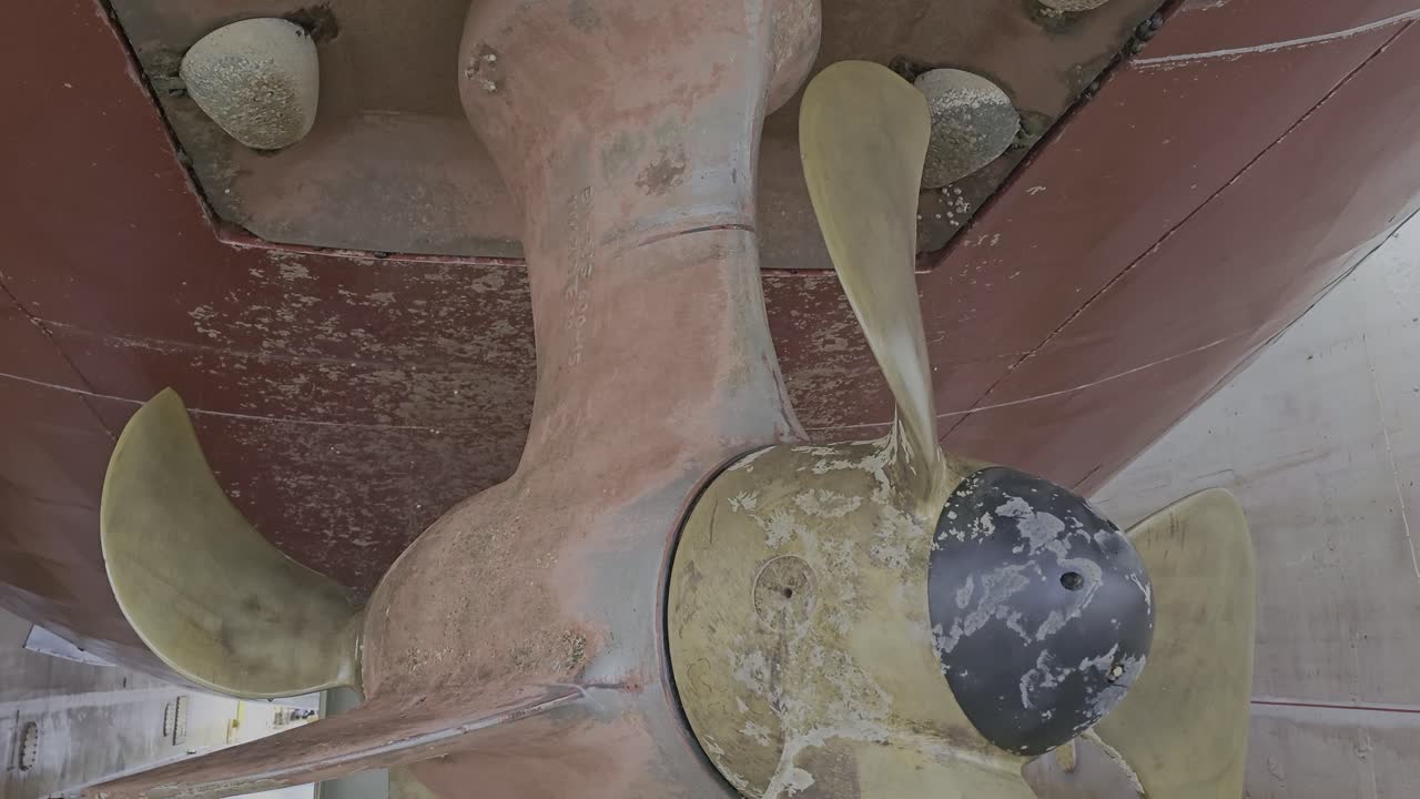 Close up of thruster of large ship in dry dock at shipyard, slow pedestal down.