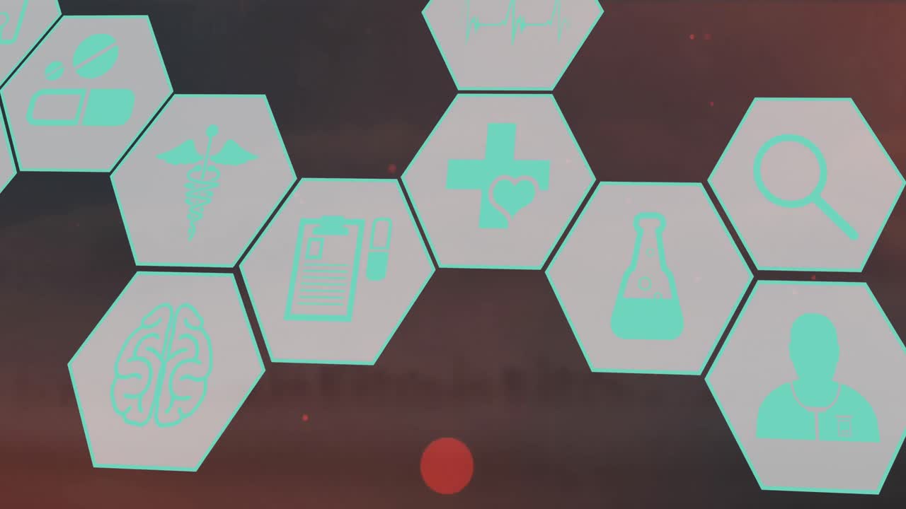 animación del procesamiento de datos científicos con iconos médicos sobre un fondo oscuro