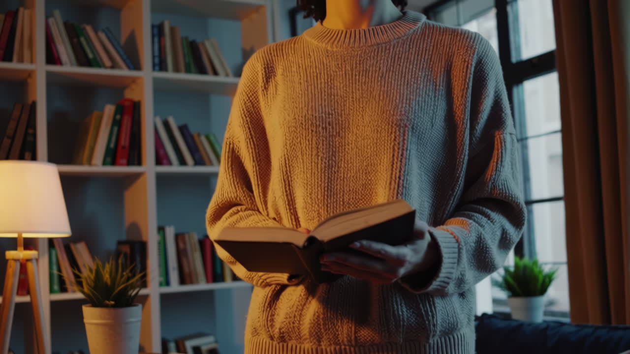 Woman Reading in a Cozy Home Library at Night