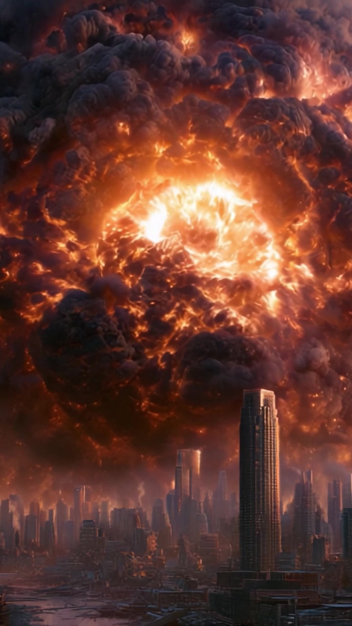 A cataclysmic explosion engulfs a sprawling cityscape, creating a fiery spectacle amidst towering skyscrapers and dark, swirling clouds, signaling chaos and destruction.
